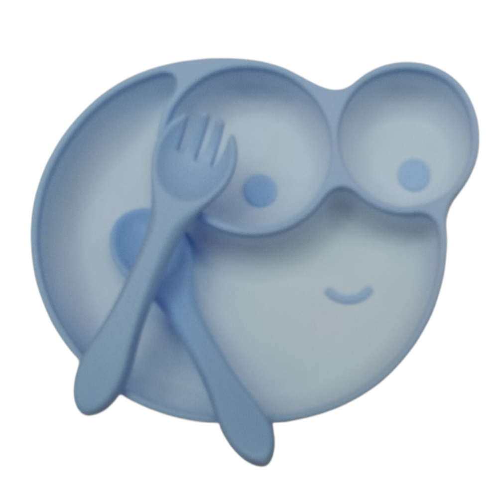 SET CUBIERTOS DE SILICONA CARITA CON VENTOSA AZUL