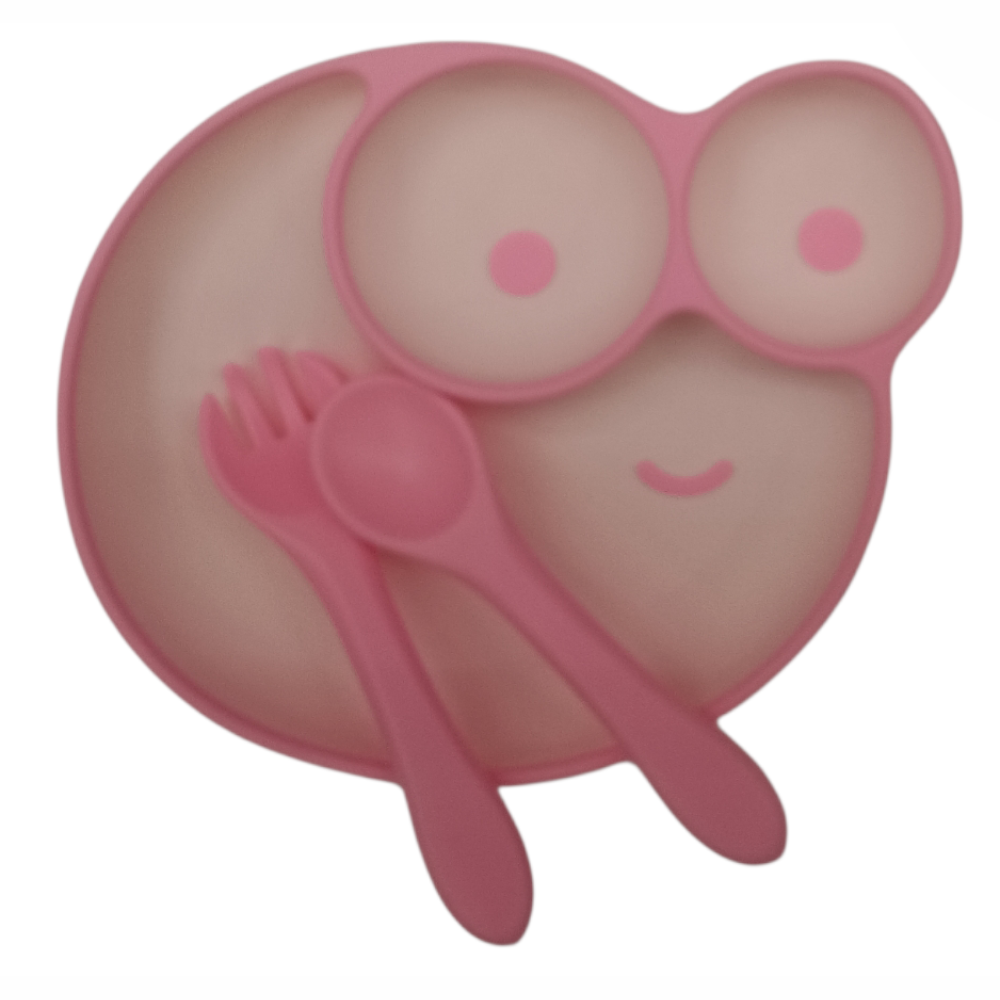SET CUBIERTOS DE SILICONA CARITA CON VENTOSA ROSA